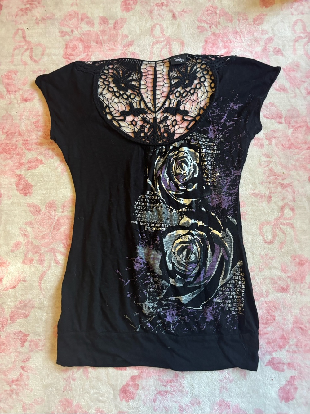 Black vanity grunge lace back goth top with purple & white roses